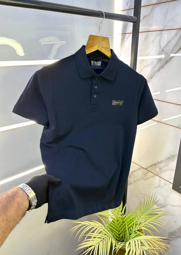 Versace Navy Imported Metal Logo Collar Neck Premium Polo T-shirt F2638-NY