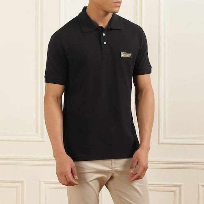 Versace Black Imported Metal Logo Collar Neck Premium Polo T-shirt F2638-BL