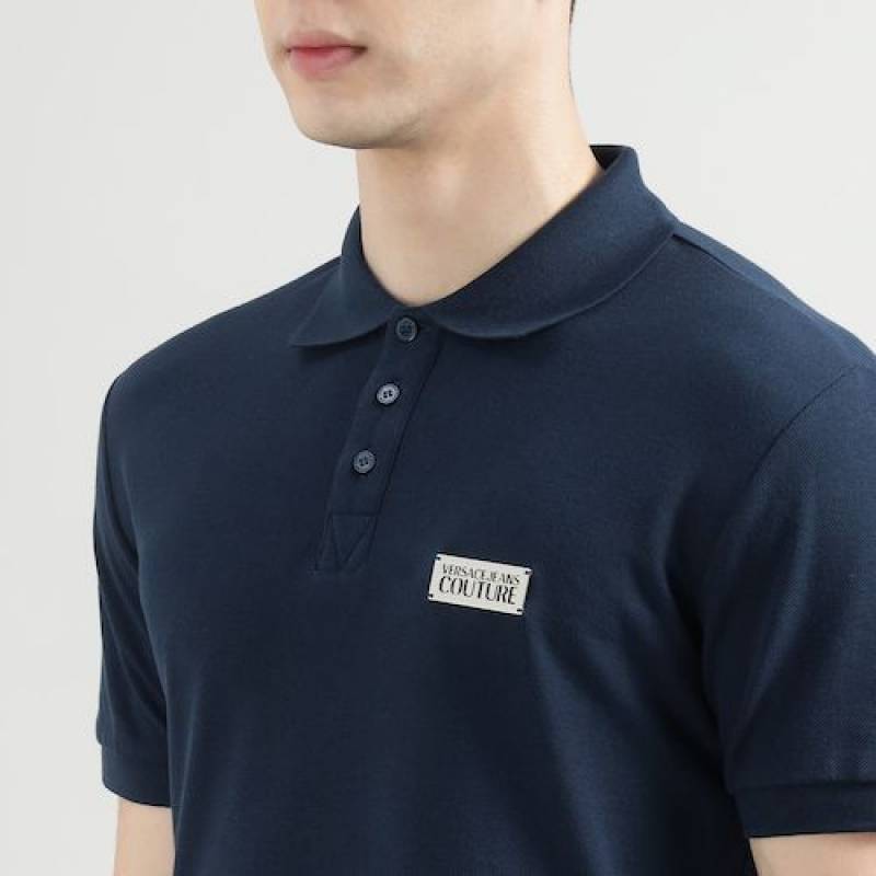 Versace Navy Imported Metal Logo Collar Neck Premium Polo T-shirt F2638-NY